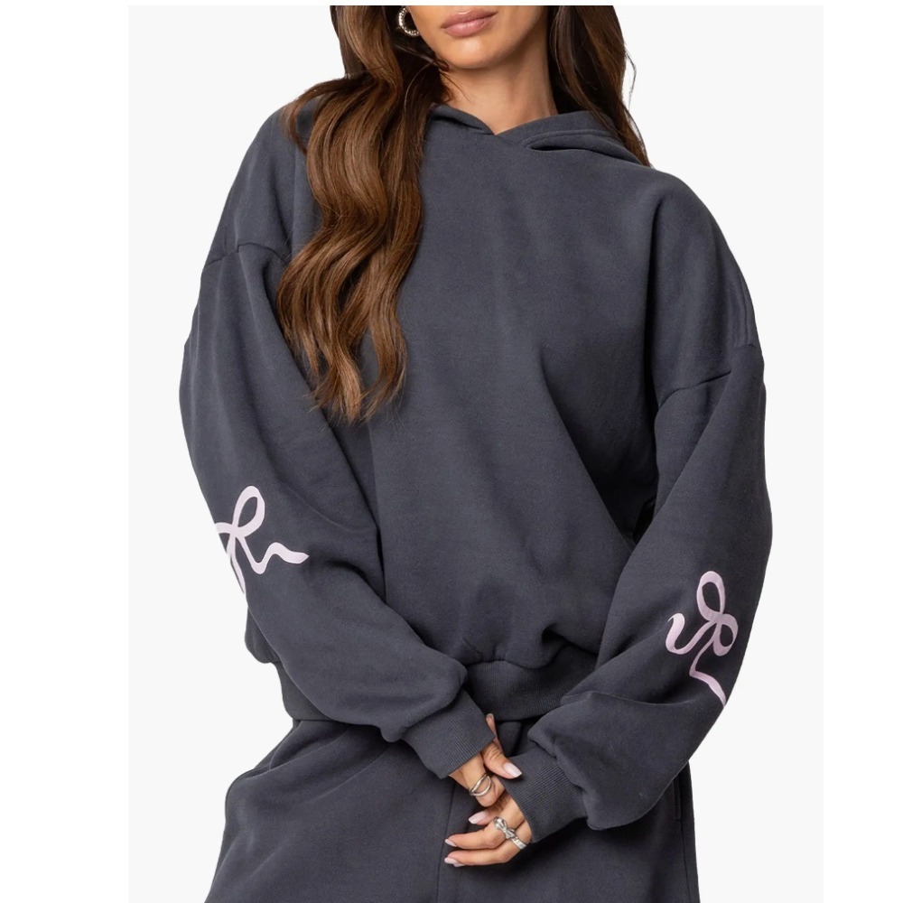 Edikted Bonney Bow Oversized Hoodie XS Charcoal Grayโ Bow Sleeve Sweatshirt